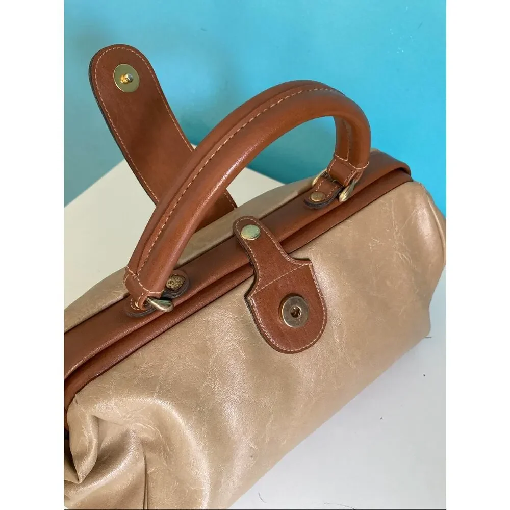 Vintage 80s Capezio Doctor Bag Handbag Beige Brown Frame Satchel Purse 14 x 7.5